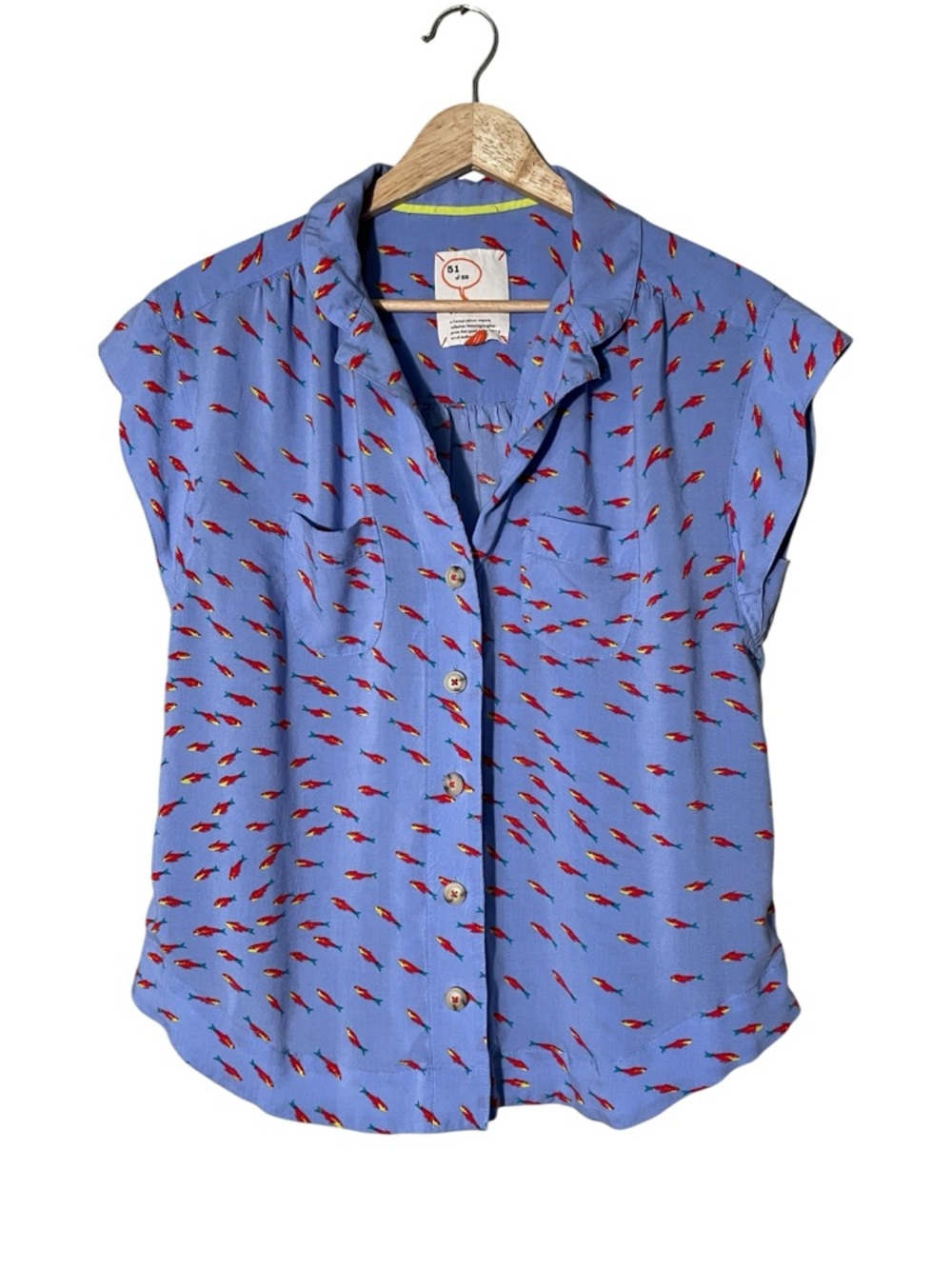 Anthropologie Lavender Short Sleeve Blouse Fish Print Conversations